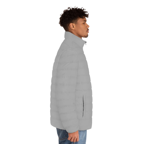 Light Grey Color Men's Jacket, Best Regular Fit Polyester Men's Puffer Jacket With Stand Up Collar (US Size: S-2XL)