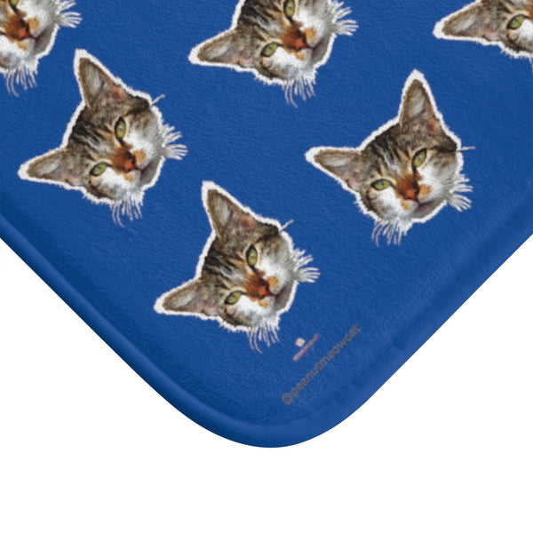 Dark Blue Cat Print Bath Mat, Premium Soft Microfiber Fine Bathroom Rug- Printed in USA-Bath Mat-Heidi Kimura Art LLC