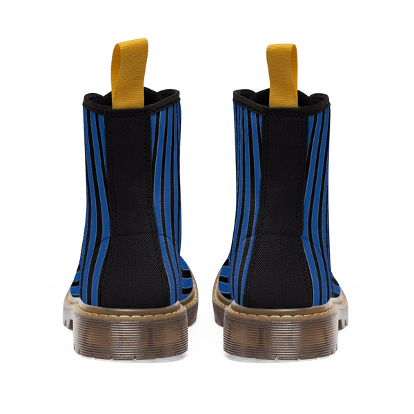 Blue Striped Print Men's Boots, Black Stripes Best Hiking Winter Boots Laced Up Shoes For Men-Shoes-Printify-Heidi Kimura Art LLC