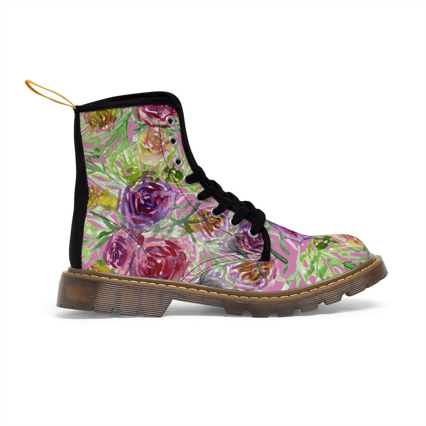 Pink Flower Print Women's Boots, Best Vintage Style Premium Quality Winter Boots For Ladies