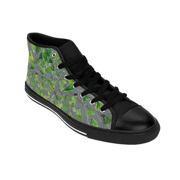 Grey Fern Men's High-top Sneakers, Green Cute Maidenhair Leaf Print Designer Men's High-top Sneakers Running Tennis Shoes, Fern Leaves Designer High Tops, Mens Floral Shoes, Tropical Leaf Print Sneakers (US Size: 6-14)