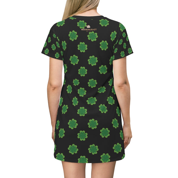 Black Green Clover Print St. Patrick's Day Women's Long Tee T-Shirt Dress- Made in USA-T-Shirt Dress-Heidi Kimura Art LLC