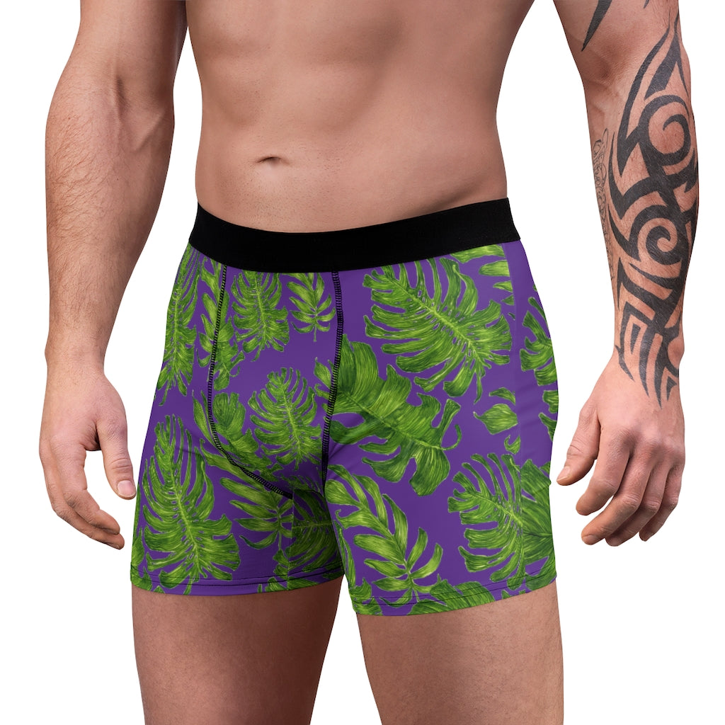 Purple Green Tropical Men's Boxer Briefs, Elastic Palm Leaf Print Sexy Underwear For Men-All Over Prints-Printify-L-Black Seams-Heidi Kimura Art LLC