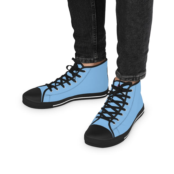 Light Blue Men's High Tops, Light Blue Modern Minimalist Solid Color Best Men's High Top Laced Up Black or White Style Breathable Fashion Canvas Sneakers Tennis Athletic Style Shoes For Men (US Size: 5-14)