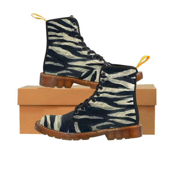 Tiger Stripe Women's Canvas Boots, Animal Print Black Printed Fashion Boots For Ladies, Modern Vertical Essential Casual Fashion Hiking Boots, Canvas Hiker's Shoes For Mountain Lovers, Stylish Premium Combat Boots, Designer Women's Winter Lace-up Toe Cap Hiking Boots Shoes For Women (US Size 6.5-11)