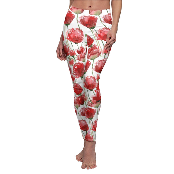 Red Poppy Floral Casual Tights, Women's Floral Casual Leggings