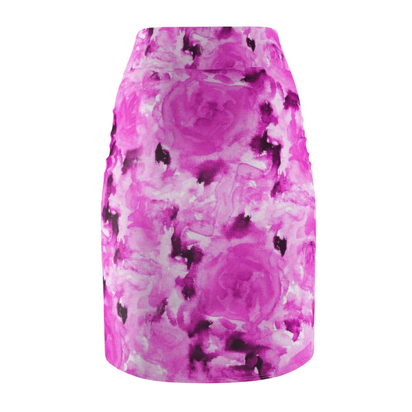 Pink Rose Floral Print Designer Women's Comfy Stretchy Pencil Skirt-Made in USA-Pencil Skirt-Heidi Kimura Art LLC