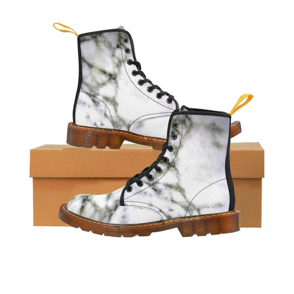 White Marble Print Designer Women's Canvas Lace-up Winter Boots Shoes (US Size: 6.5-11)-Women's Boots-Brown-US 8.5-Heidi Kimura Art LLC