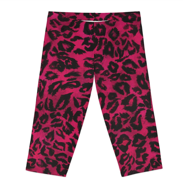 Pink Leopard Women's Capri Leggings, Pink Animal Print Best Knee-Length Polyester Capris Tights-Made in USA (US Size: XS-2XL)