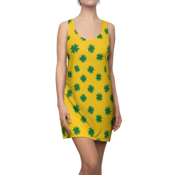 Yellow Green Clover Leaf Print St. Patty's Day Long Women's Racerback Dress-Made in USA-Women's Sleeveless Dress-Heidi Kimura Art LLC