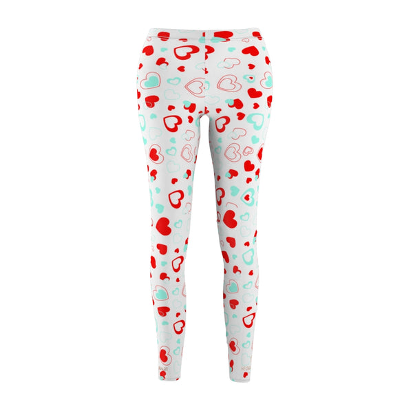 White Red Hearts Valentines Print Women's Dressy Long Casual Leggings- Made in USA-All Over Prints-Heidi Kimura Art LLC