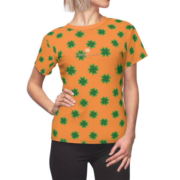 Orange Green Clover Print St. Patrick's Day Women's Premium Crewneck Tee- Made in USA-Women's T-Shirt-Heidi Kimura Art LLC