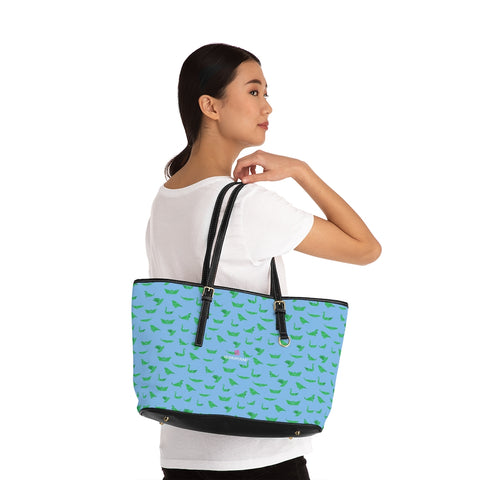 Pale Blue Crane Tote Bag, Best Crane Birds Print Stylish Fashionable Printed PU Leather Shoulder Large Spacious Durable Hand Work Bag 17"x11"/ 16"x10" With Gold-Color Zippers & Buckles & Mobile Phone Slots & Inner Pockets, All Day Large Tote Luxury Best Sleek and Sophisticated Cute Work Shoulder Bag For Women With Outside And Inner Zippers