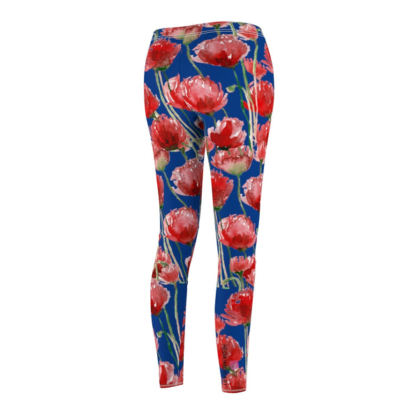 Blue Poppy Floral Casual Tights, Women's Floral Casual Leggings