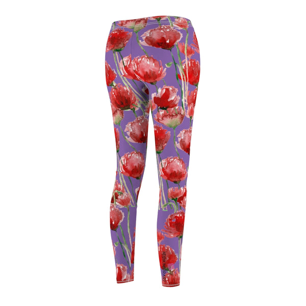 Purple Poppy Floral Casual Tights, Best Women's Floral Casual Leggings