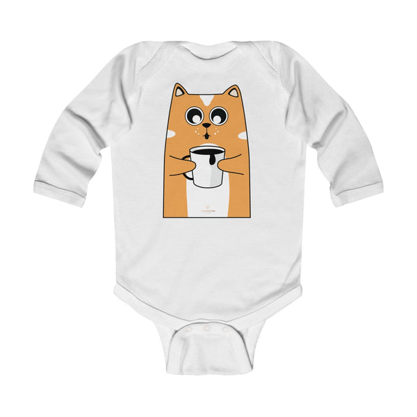 Cute Coffee Cat Print Baby Boy/ Girls Infant Kids Long Sleeve Bodysuit - Made in USA-Infant Long Sleeve Bodysuit-White-NB-Heidi Kimura Art LLC