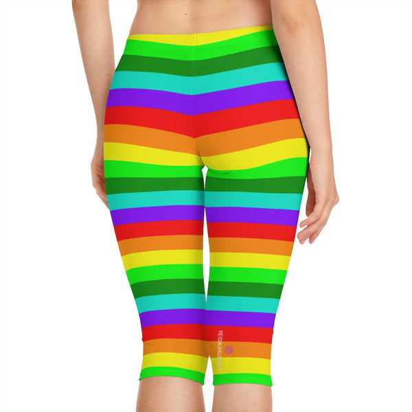 Rainbow Women's Capri Leggings, Modern Horizontally Striped Rainbow Print American-Made Best Designer Premium Quality Knee-Length Mid-Waist Fit Knee-Length Polyester Capris Tights-Made in USA (US Size: XS-3XL) Plus Size Available