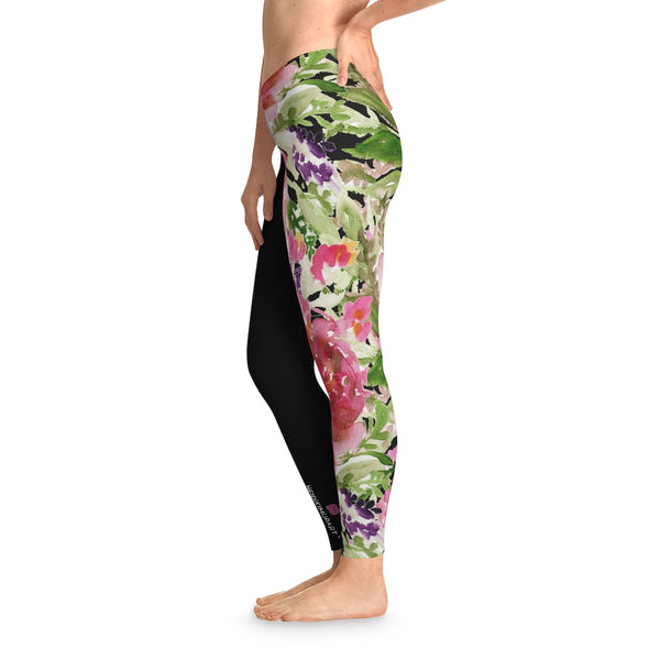 Pink Rose Women's Stretchy Leggings, Pink Floral and Black Designer Comfy Women's Stretchy Leggings- Made in USA
