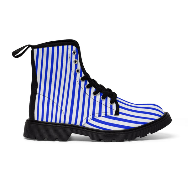 Blue Stripes Women's Canvas Boots, Best White Blue Striped Winter Boots Shoes For Ladies-Shoes-Printify-Heidi Kimura Art LLC Blue Striped Women's Canvas Boots, Vertically White Striped Print Designer Women's Winter Lace-up Toe Cap Boots Shoes For Women (US Size 6.5-11)