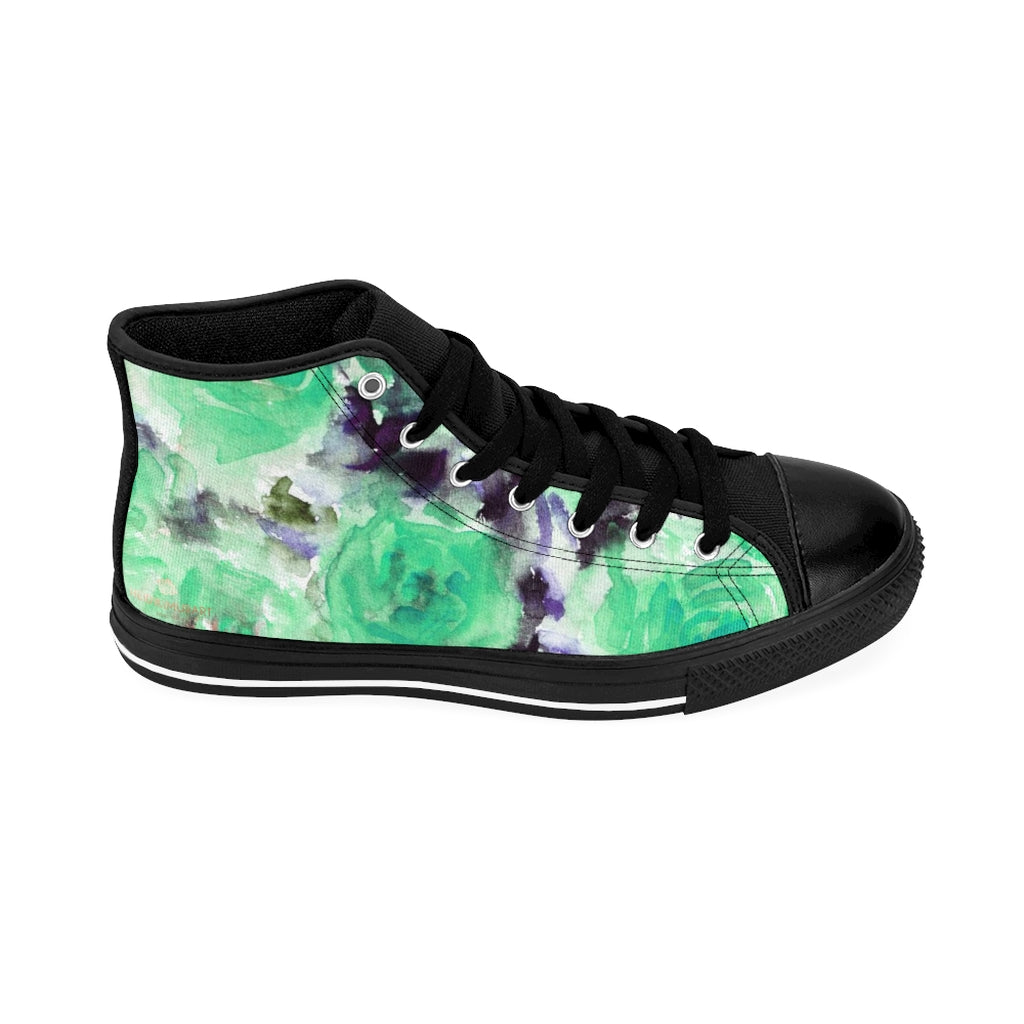 Turquoise Blue Men's High-top Sneakers, Floral Print Men's