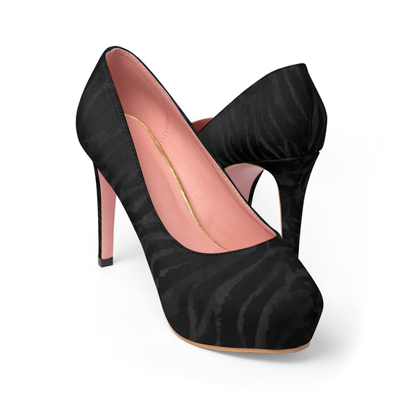 Black Tiger Striped Heels, Animal Print 4" Platform Pumps High Heels Stiletto Pumps Shoes-4 inch Heels-Heidi Kimura Art LLC