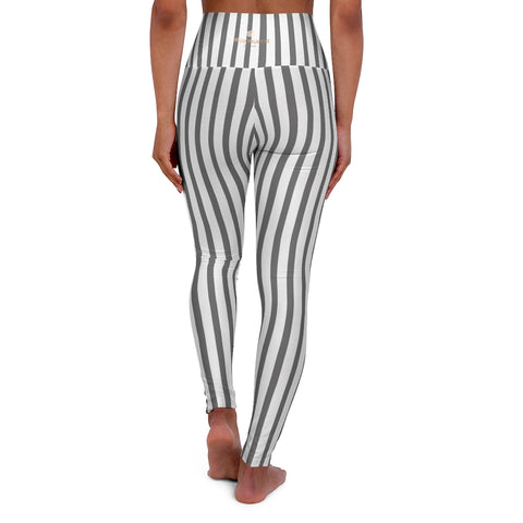 Grey Striped Women's Leggings, Premium Modern Stripes High Waisted Yoga Pants-Made in USA-All Over Prints-Printify-XL-Heidi Kimura Art LLC Vertically White Grey Striped Tights, High Waisted Vertical Stripes High Waisted Yoga Leggings, Modern Best Ladies High Waisted Skinny Fit Yoga Leggings With Double Layer Elastic Comfortable Waistband, Premium Quality Best Stretchy Long Yoga Pants For Women-Made in USA, US Size: (XS-2XL)