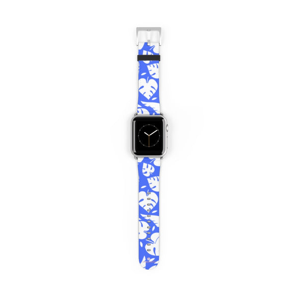 Blue White Tropical Leaf Print 38mm/42mm Watch Band For Apple Watch- Made in USA-Watch Band-38 mm-Silver Matte-Heidi Kimura Art LLC