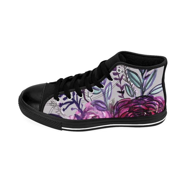 Light Gray Purple Rose Floral Print Designer Men's High-top Sneakers Tennis Shoes-Men's High Top Sneakers-Black-US 9-Heidi Kimura Art LLC