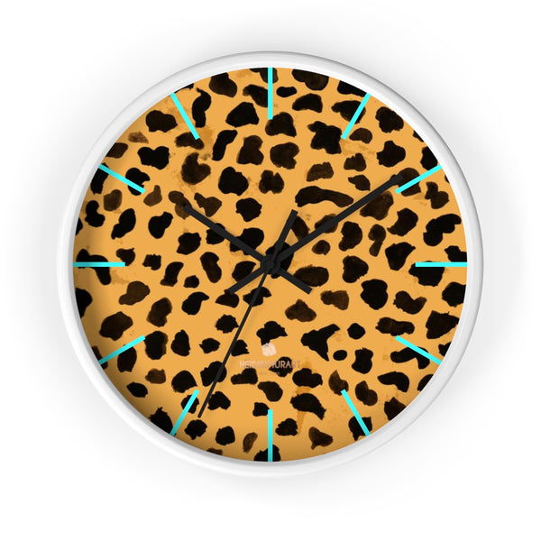 Brown Cheetah Print Wall Clock, Animal Print Best 10 in. Dia. Indoor Clock- Made in USA-Wall Clock-10 in-White-Black-Heidi Kimura Art LLC