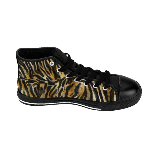 Brown Tiger Men's High-top Sneakers, Animal Striped Print Designer Men's Shoes, Men's High Top Sneakers US Size 6-14, Mens High Top Casual Shoes, Unique Fashion Tennis Shoes, Tiger Print Canvas Sneakers, Mens Modern Footwear, Wildlife Gift Idea, Animal Lover Print Shoes (US Size: 6-14)