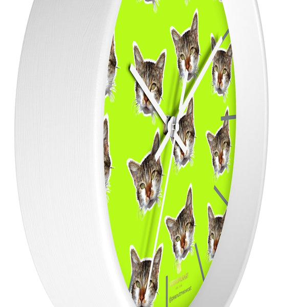 Green Cat Print Wall Clock, Calico Cat Large Unique 10" Dia. Wall Clocks- Made in USA-Wall Clock-Heidi Kimura Art LLC