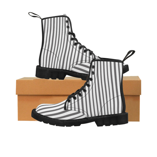 Grey Striped Print Men's Boots, White Stripes Best Hiking Winter Boots Laced Up Shoes For Men-Shoes-Printify-Heidi Kimura Art LLC Grey Striped Print Men's Boots, Grey White Stripes Men's Canvas Hiking Winter Boots, Fashionable Modern Minimalist Best Anti Heat + Moisture Designer Comfortable Stylish Men's Winter Hiking Boots Shoes For Men (US Size: 7-10.5)