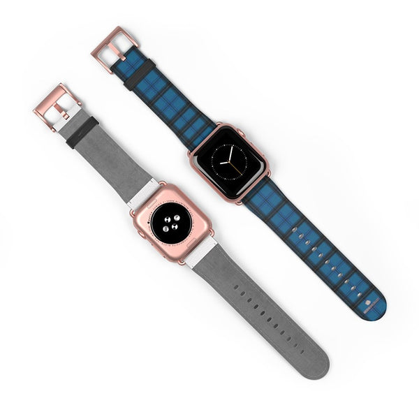 Blue Black Plaid Tartan Print Premium 38mm/42mm Designer Watch Band- Made in USA-Watch Band-Heidi Kimura Art LLC Blue Plaid Apple Watch Band, Blue Black Plaid Tartan Print Pattern 38 mm or 42 mm Premium Best Printed Designer Top Quality Faux Leather Comfortable Elegant Fashionable Smart Watch Band Strap, Suitable for Apple Watch Series 1, 2, 3, 4 and 5 Smart Electronic Devices - Made in USA
