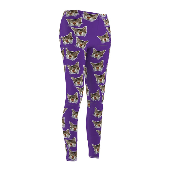 Purple Peanut Meow Cat Cute Calico Print Women's Fancy Casual Leggings- Made in USA-All Over Prints-Heidi Kimura Art LLC