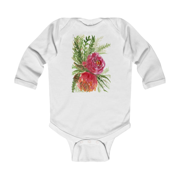 Floral Red Orange Rose Infant Long Sleeve Bodysuit - Made in UK (UK Size: 6M-24M)-Kids clothes-White-12M-Heidi Kimura Art LLC