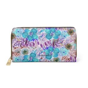 Mixed Floral Rose Zipper Wallet, Purple Blue Floral Elegant Print Best 7.87" x 4.33" Luxury Cruelty-Free Faux Leather Women's Wallet & Purses Compact High Quality Nylon Zip & Metal Hardware, Luxury Long Wallet Card Cases For Women