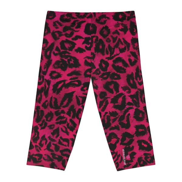 Pink Leopard Women's Capri Leggings, Pink Animal Print Best Knee-Length Polyester Capris Tights-Made in USA (US Size: XS-2XL)