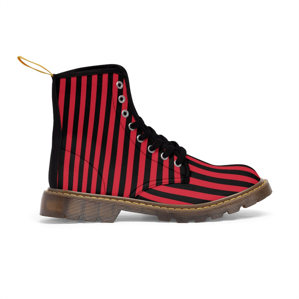 Red Black Striped Women's Boots, Modern Stripes Print Winter Canvas Boots For Ladies-Shoes-Printify-Heidi Kimura Art LLC Red Black Striped Women's Boots, Modern Vertical Stripes Striped Modern Modern Essential Casual Fashion Hiking Boots, Canvas Hiker's Shoes For Mountain Lovers, Stylish Premium Combat Boots, Designer Women's Winter Lace-up Toe Cap Hiking Boots Shoes For Women (US Size 6.5-11)