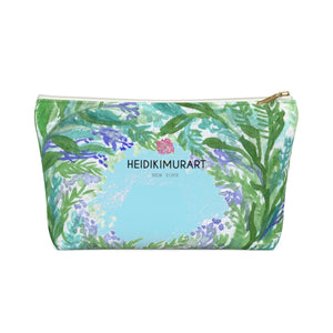 Blue Floral Print Accessory Pouch with T-bottom, French Lavender Floral Designer Makeup Bag-Accessory Pouch-White-Small-Heidi Kimura Art LLC Blue Floral Makeup Bag, Baby Blue French Lavender Floral Print Designer Accessory Pouch with T-bottom-Made in USA