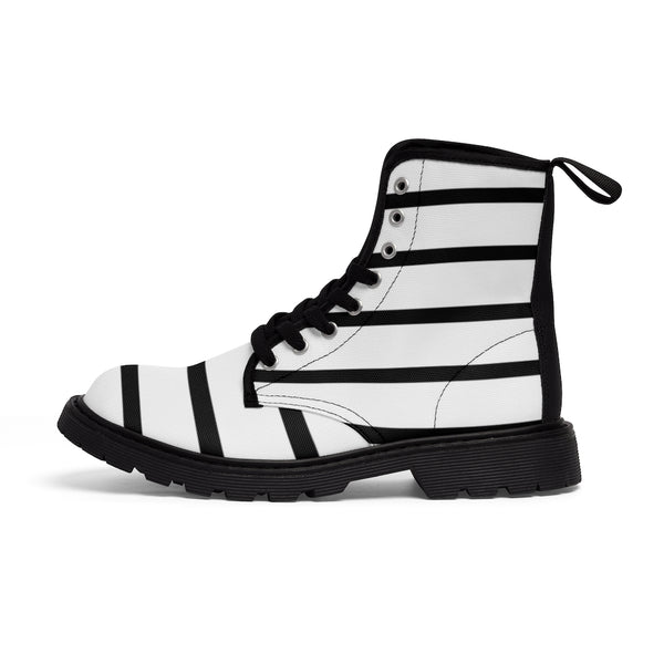Women's Canvas Boots-Shoes-Printify-Heidi Kimura Art LLC Striped Women's Canvas Boots, Modern White Black Stripes Printed Fashion Boots For Ladies, Modern Vertical Stripes Striped Modern Modern Essential Casual Fashion Hiking Boots, Canvas Hiker's Shoes For Mountain Lovers, Stylish Premium Combat Boots, Designer Women's Winter Lace-up Toe Cap Hiking Boots Shoes For Women (US Size 6.5-11)