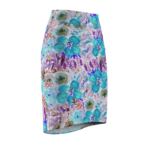 Blue Purple Floral Women's Skirt, Best Flower Print Girlie Premium Quality Designer Women's Pencil Skirt - Made in USA (US Size XS-2XL)Blue Purple Floral Women's Skirt, Best Flower Print Girlie Premium Quality Designer Women's Pencil Skirt - Made in USA (US Size XS-2XL)