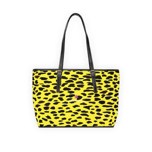 Yellow Cow Print Tote Bag, Cow or Cheetah Animal Print PU Leather Shoulder Large Spacious Durable Hand Work Bag 17"x11"/ 16"x10" With Gold-Color Zippers & Buckles & Mobile Phone Slots & Inner Pockets, All Day Large Tote Luxury Best Sleek and Sophisticated Cute Work Shoulder Bag For Women With Outside And Inner Zippers