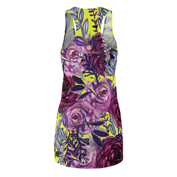 Yellow & Purple Floral Print Women's Racerback Dress - Made in USA (US Size: XS-2XL)-Women's Sleeveless Dress-Heidi Kimura Art LLC