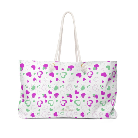 White Pink Hearts Valentine's Day Designer Weekender Bag Gift For Her- Made in USA-Weekender Bag-24x13-Heidi Kimura Art LLC