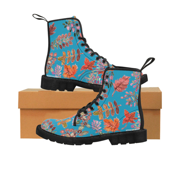 Turquoise Fall Leaves Women's Boots, Turquoise Autumn Fall Leaves Print Women's Boots, Combat Boots, Designer Women's Winter Lace-up Toe Cap Hiking Boots Shoes For Women (US Size 6.5-11) Fall Leaves Fashion Canvas Shoes, Fall Leaves Print Winter Boots, Autumn Leaves Printed Boots For Ladies, Colorful Boots For Women