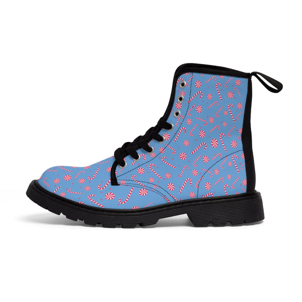 Blue Candy Cane Women's Boots, Best Red Candy Cane Christmas Print Elegant Feminine Casual Fashion Gifts, Winter Holiday Combat Boots, Designer Women's Winter Lace-up Toe Cap Hiking Boots Shoes For Women (US Size 6.5-11) Candy Cane Shoes, Designer Womens Boot, Christmas Boots