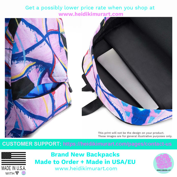 Pink Watercolor Rose Floral Print Medium Size (Fits Most 15" Laptops) Backpack-Made in USA/EU-Backpack-Heidi Kimura Art LLC