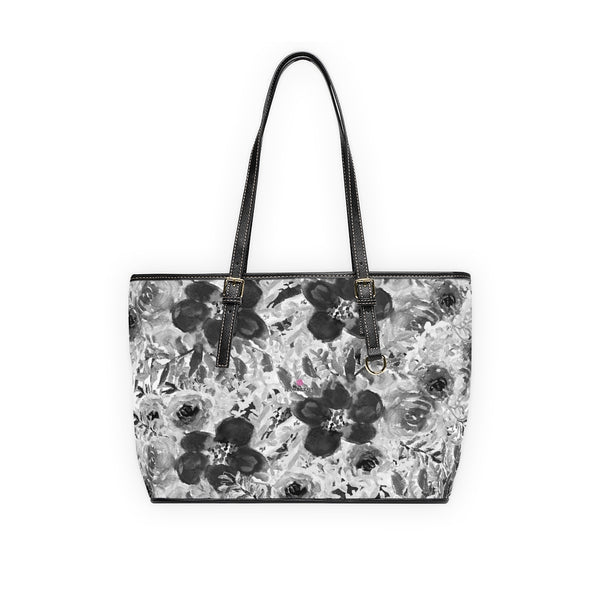 Grey Floral Rose Tote Bag, Flower Print Best Designer Women's PU Leather Shoulder Hand Work Bag