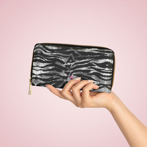 Gray Tiger Striped Zipper Wallet, Best Tiger Stripes Wild Animal Print Best 7.87" x 4.33" Luxury Cruelty-Free Faux Leather Women's Wallet & Purses Compact High Quality Nylon Zip & Metal Hardware, Luxury Long Wallet Card Cases For Women