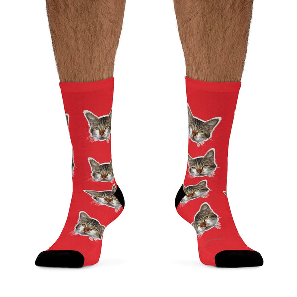 Hot Red Cat Print Socks, Cute Calico Cat One-Size Knit Premium Luxury Socks- Made in USA-Socks-One size-Heidi Kimura Art LLC